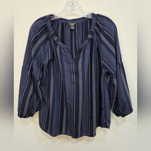 Eddie Bauer Women's Peasant Shirt Blue Stripe Size Large Vneck Balloon Sleeve